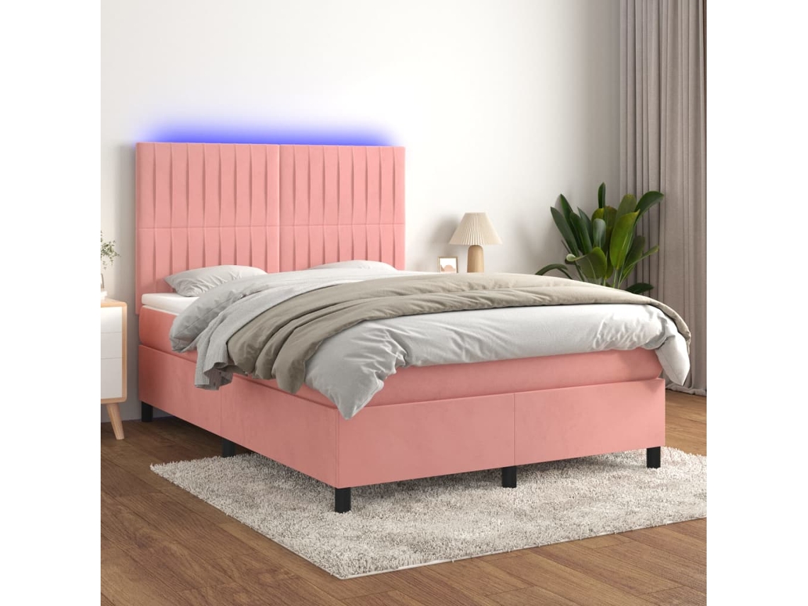 Cama Box Spring Colchón Y Led Terciopelo Rosa 140x190 Cm