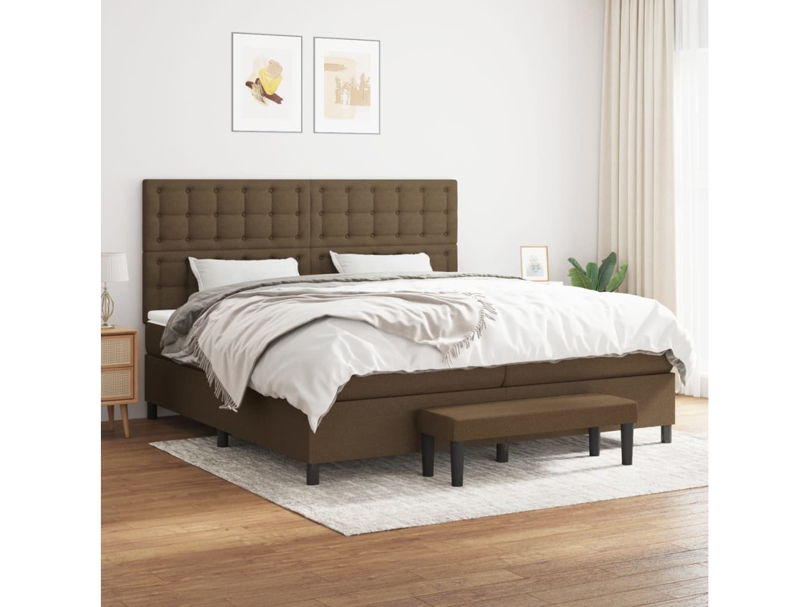 Cama Box Spring Con Colchón Tela Marrón Oscuro 200x200 Cm