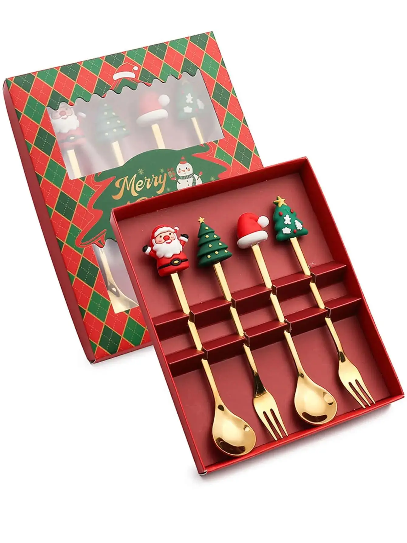 Juego de 4 cubiertos navideños de acero inoxidable, incluye tenedor y cuchara para café, té o postre, color rojo Aeuzwr