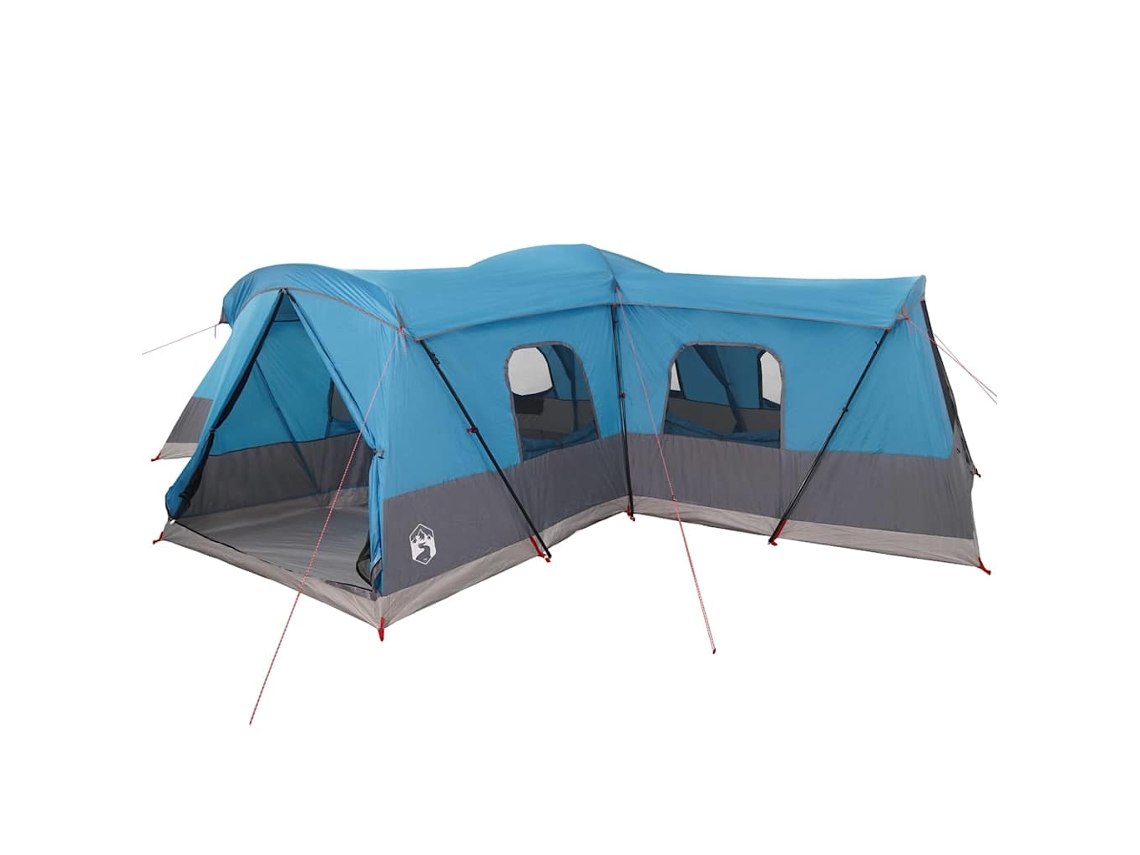 Tienda de campaña para 16 personas con techo azul, 680 x 510 x 210 cm.