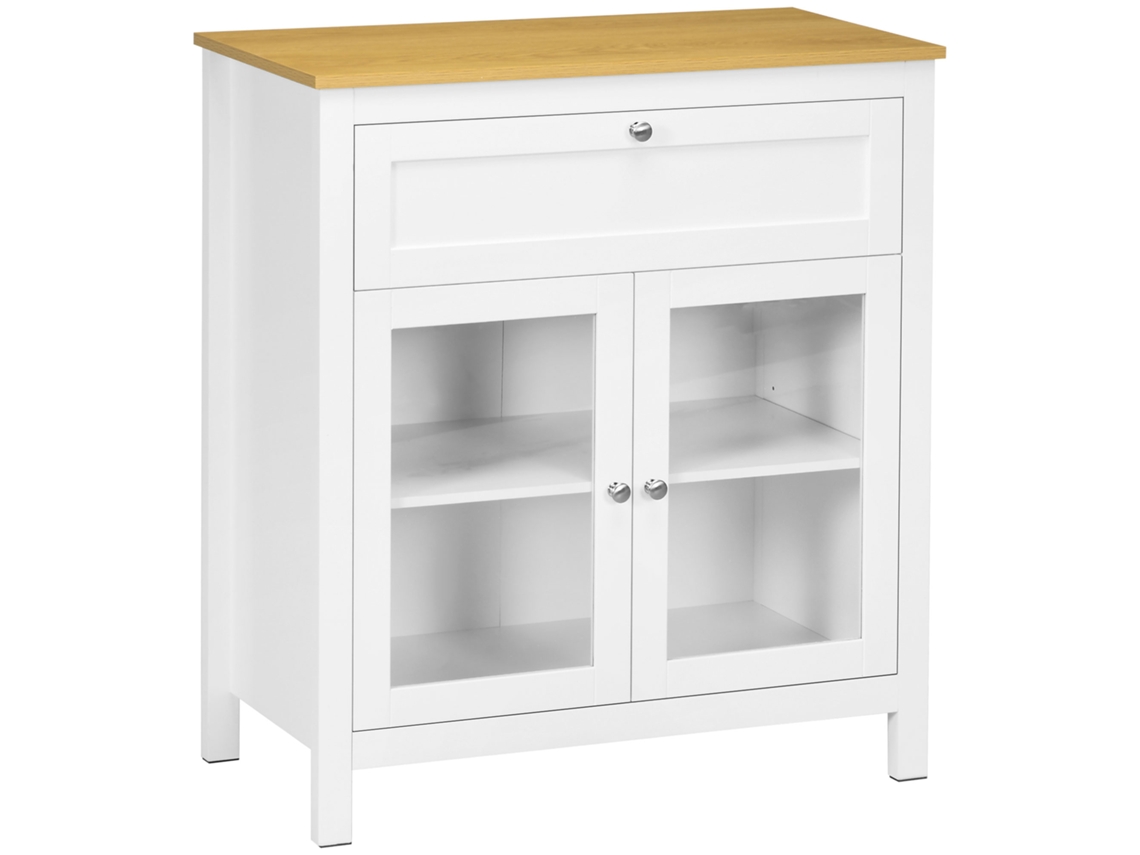 Aparador de cocina moderno con cajón, estante ajustable y 2 puertas de cristal, 80x40x90 cm, blanco y madera, PMM CAPITALI