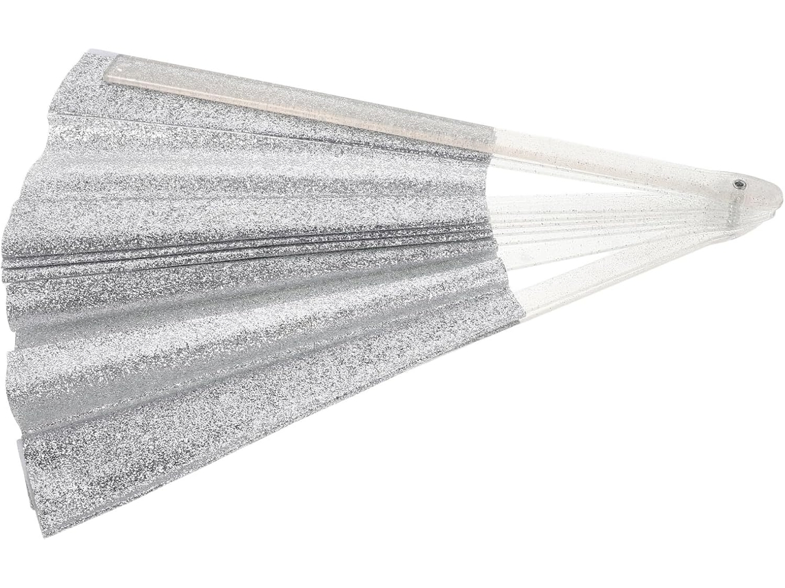 Abanico Plegable Grande De Lentejuelas Holográficas De 33 Cm Con Marco De Bambú Blanco Y Plateado.