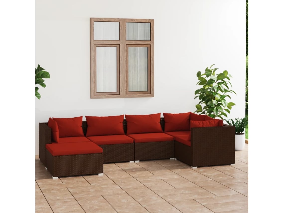 Conjunto de jardín DKD Home Decor de 6 piezas con cojines de mimbre marrón