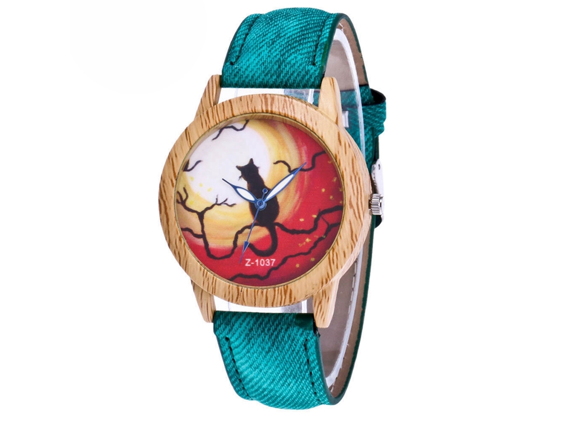 Reloj De Pulsera Unisex Zhoulianfa Con Diseño De Gato De Halloween, Imitación De Madera, Color Verde.