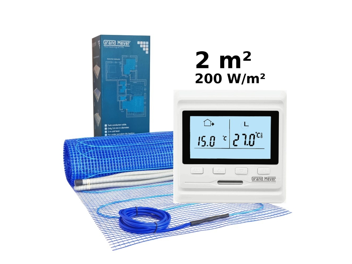 Kit de calefacción eléctrica por suelo radiante de 2 m², 200 W/m², termostato programable HW500 Grand Meyer