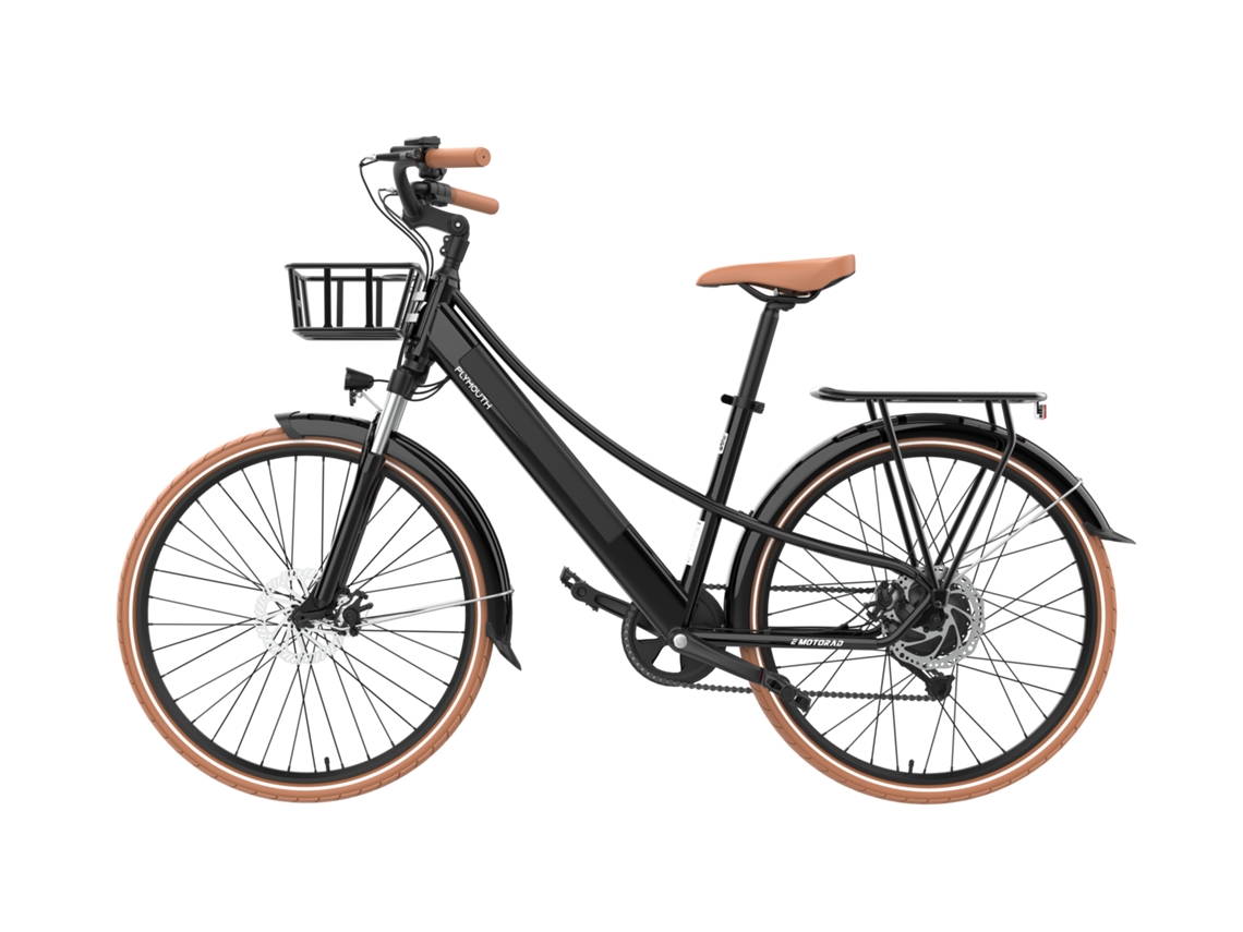 Bicicleta eléctrica Plymouth negra para adultos, cuadro de aluminio con cuadro bajo | Neumáticos CST 70040c | Motor Emotorad de 36 V y 250 W