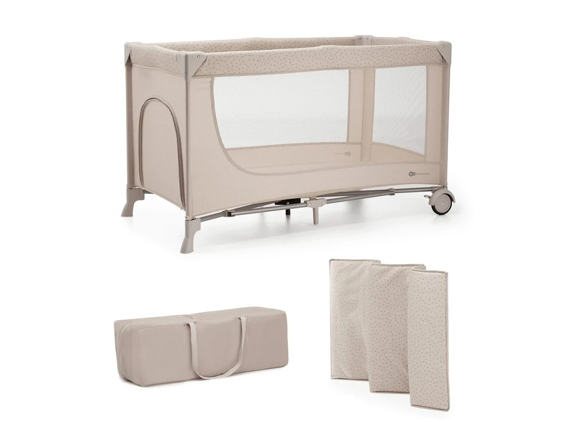 Cuna De Viaje 2 en 1 Kinderkraft JOY 2 plegable en 5 segundos con salida lateral y bolsa de transporte Beige