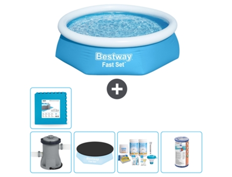 Piscina hinchable redonda Fast Set BESTWAY - 244 x 61 cm - Azul - Bomba incluida Cubrir - Paquete de mantenimiento - Filtrar - Baldosas