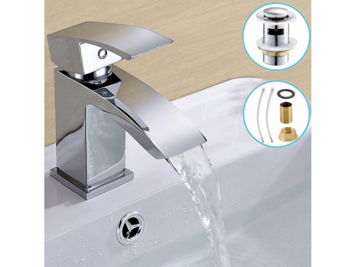 JILLIOPER Elegante grifo de baño de cascada, construcción de latón sólido, acabado cromado, control de palanca única, diseño contemporáneo para ajuste de flujo