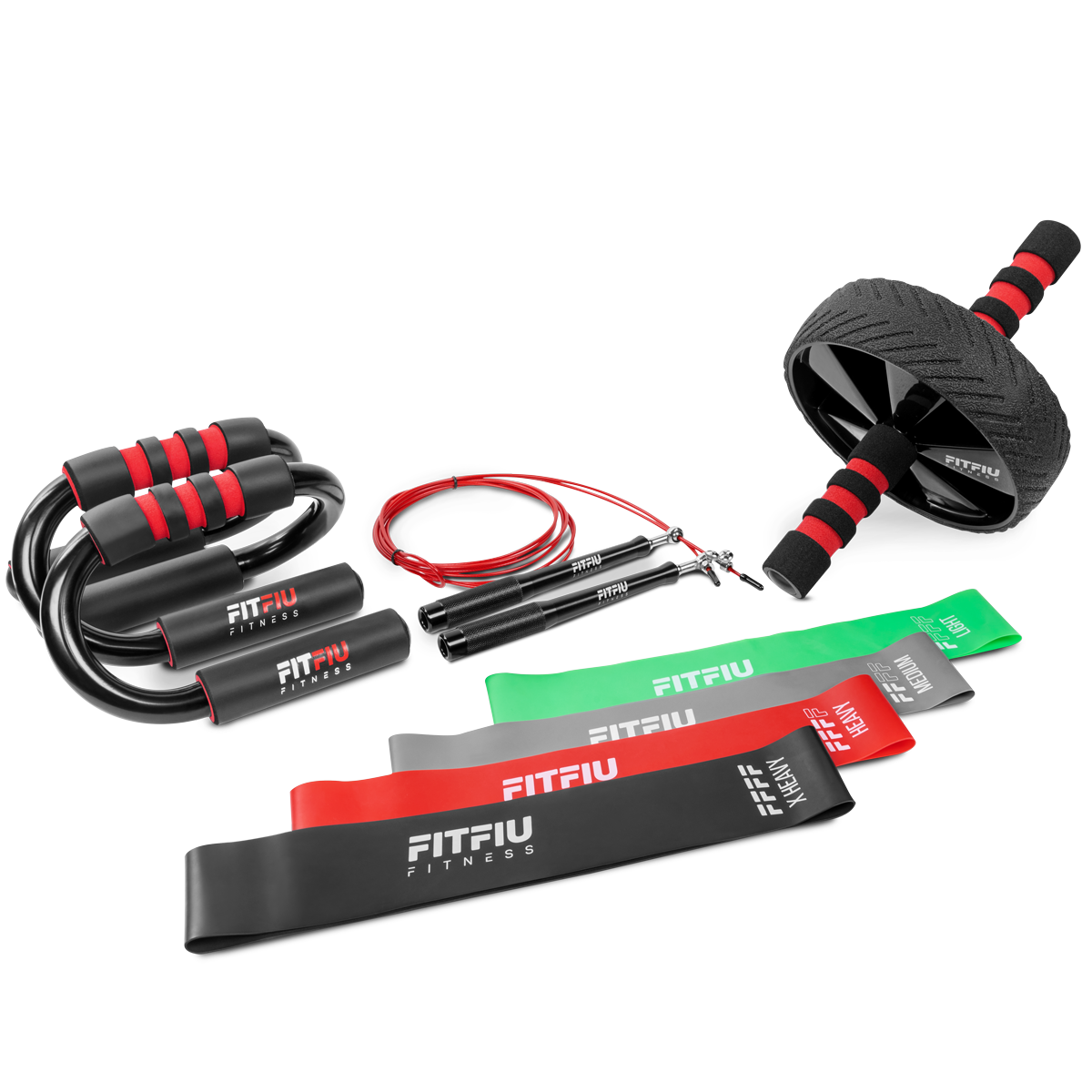 Paquete de fitness FITFIU KITFIT-400 con elásticos, barras de flexión, cuerda de saltar y rueda de abdominales