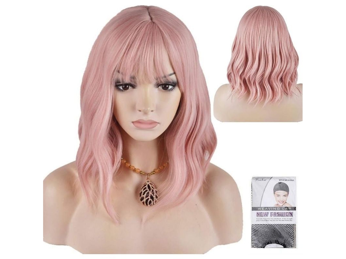 Peluca Larga Rosa Ondulada Con Flequillo Suelto, Cabello Sintético Moderno De 35,5 Cm - Ideal Para Mujeres
