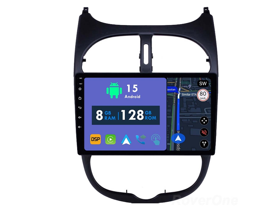 Coche Radio Android Auto Autoradio 8GB RAM 128G ROM CarPlay Navegación GPS Pantalla Táctil RoverOne para Peugeot 206 1998 - 2012 