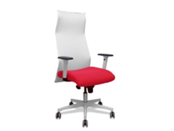 Sillón Albacete con mecanismo sincronizado, tapizado en tela roja y malla blanca.