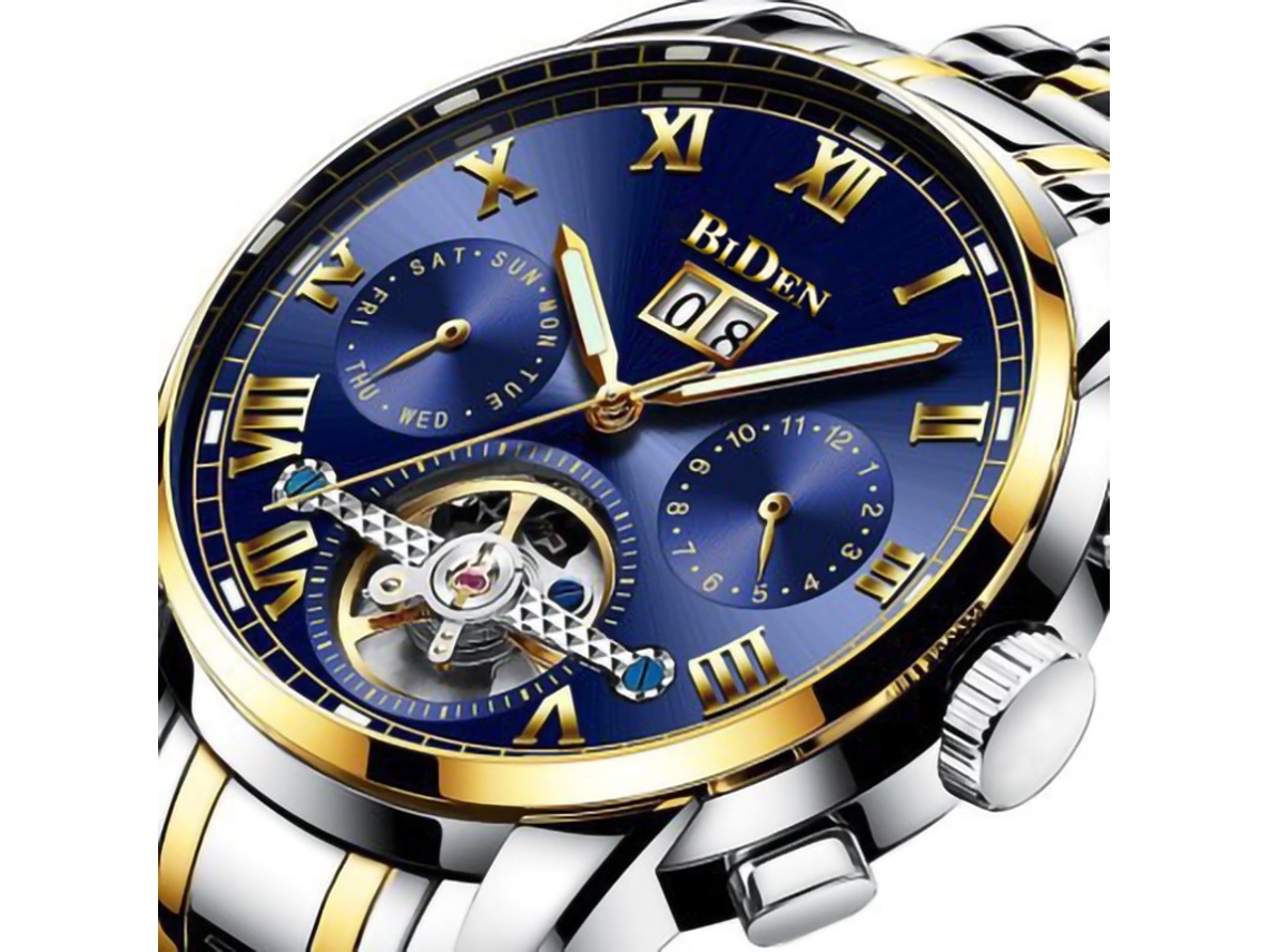 Reloj mecánico automático multifunción MDUG con fondo de caja esqueletizado y tourbillon.