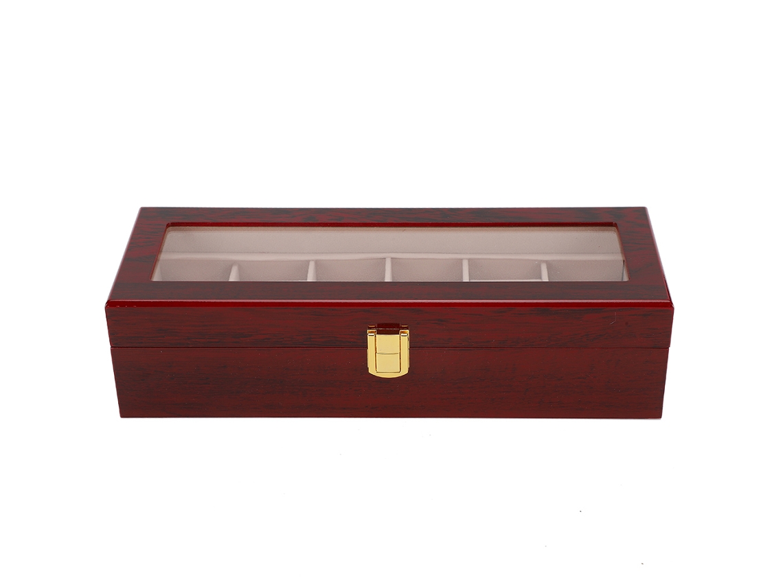 Caja De Madera Para Exhibir Y Guardar Relojes, Con 6 Compartimentos Y Ventana Transparente Roja.