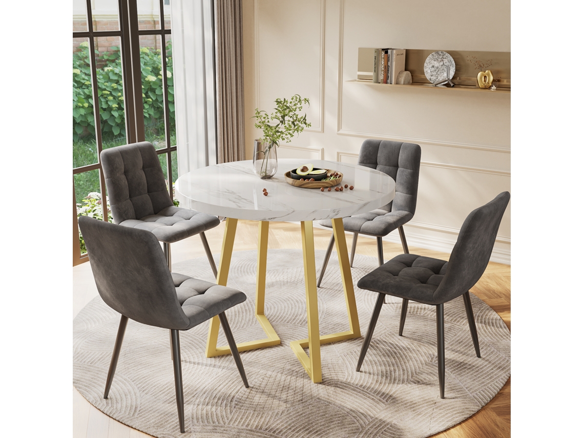 Juego De Comedor 5 Piezas, Mesa Redonda Ø80 Cm, Tablero Mdf Blanco, Patas Doradas, Sillas De Terciopelo Gris Oscuro