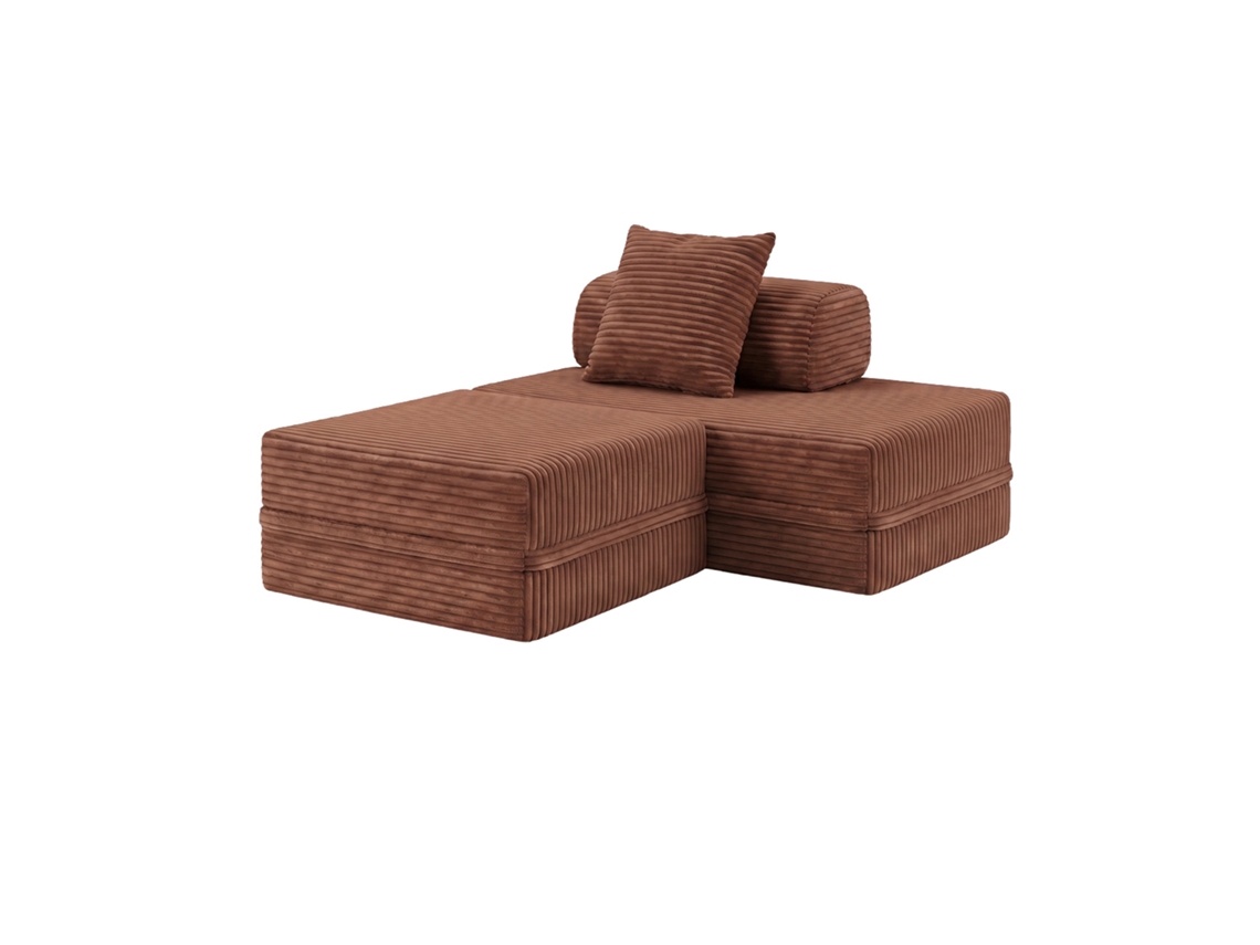 Sofá Modular 2 Lugares + Puff Convertible Veludo Listado Terracota