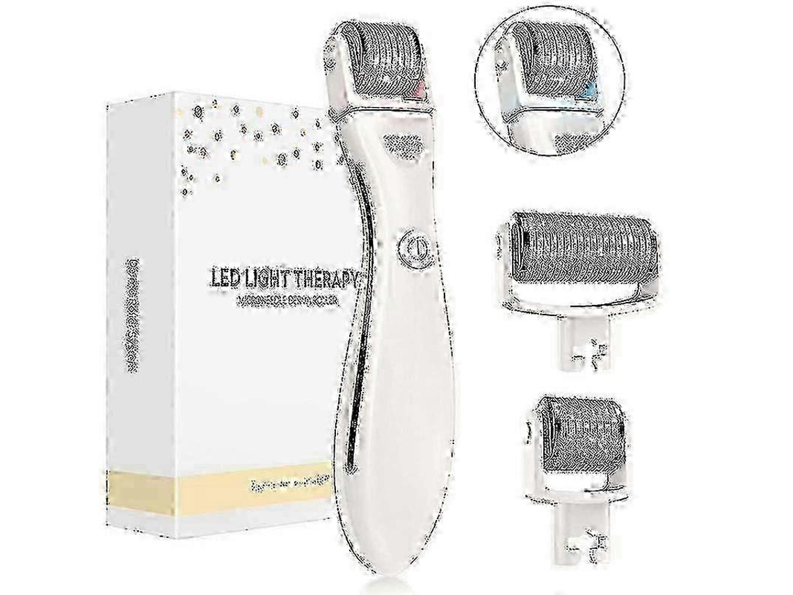 Rodillo dérmico para el cuidado de la piel con microagujas para terapia de luz LED eléctrica - Blanco - Regalo especial