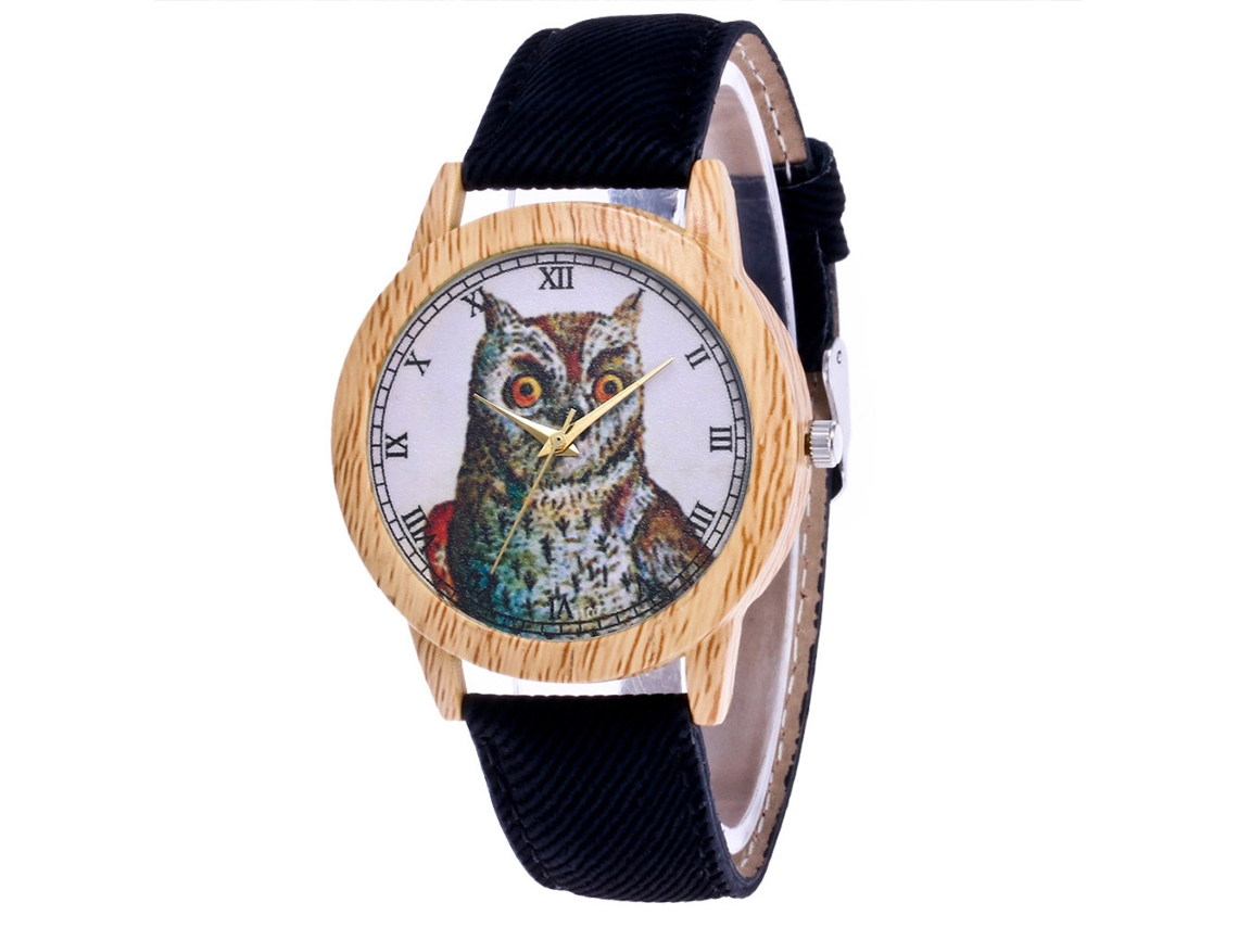 Reloj De Pulsera Unisex Zhoulianfa, Estampado De Búho, Movimiento De Cuarzo Vaquero, Negro.