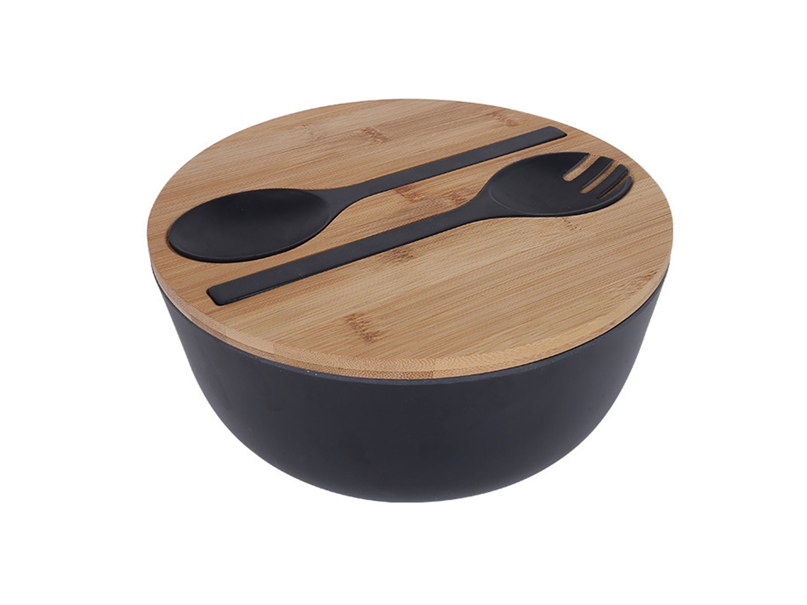 Ensaladera de fibra de bambú natural, cuenco para mezclar con tapa, cuchara y tenedor, perfecto para frutas, ensaladas y verduras, biodegradable.