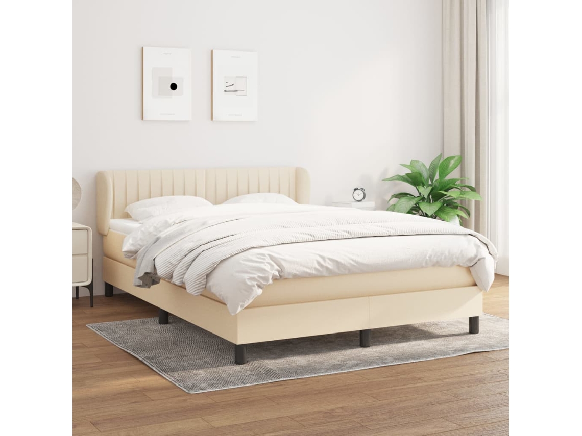 Cama Box Spring Con Colchón Tela Color Crema 140x200 Cm