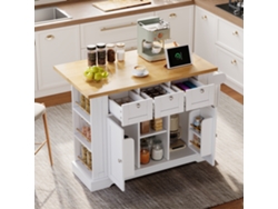 Mesa de Cocina Móvil 132 cm, Encimera Plegable, Mueble Multifunción, Cajón, Especiero, Toallero, 5 Ruedas, Llenador Integrado Zkaka