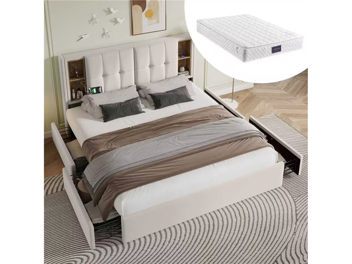 Cama Doble 160x200 Cm - Con Cargador Usb-c Inalámbrico Y 4 Cajones, Somier De Madera - Terciopelo Beige (con Colchón)
