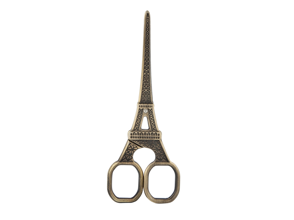 Tijeras antiguas de costura y bordado con forma de Torre Eiffel, bronce