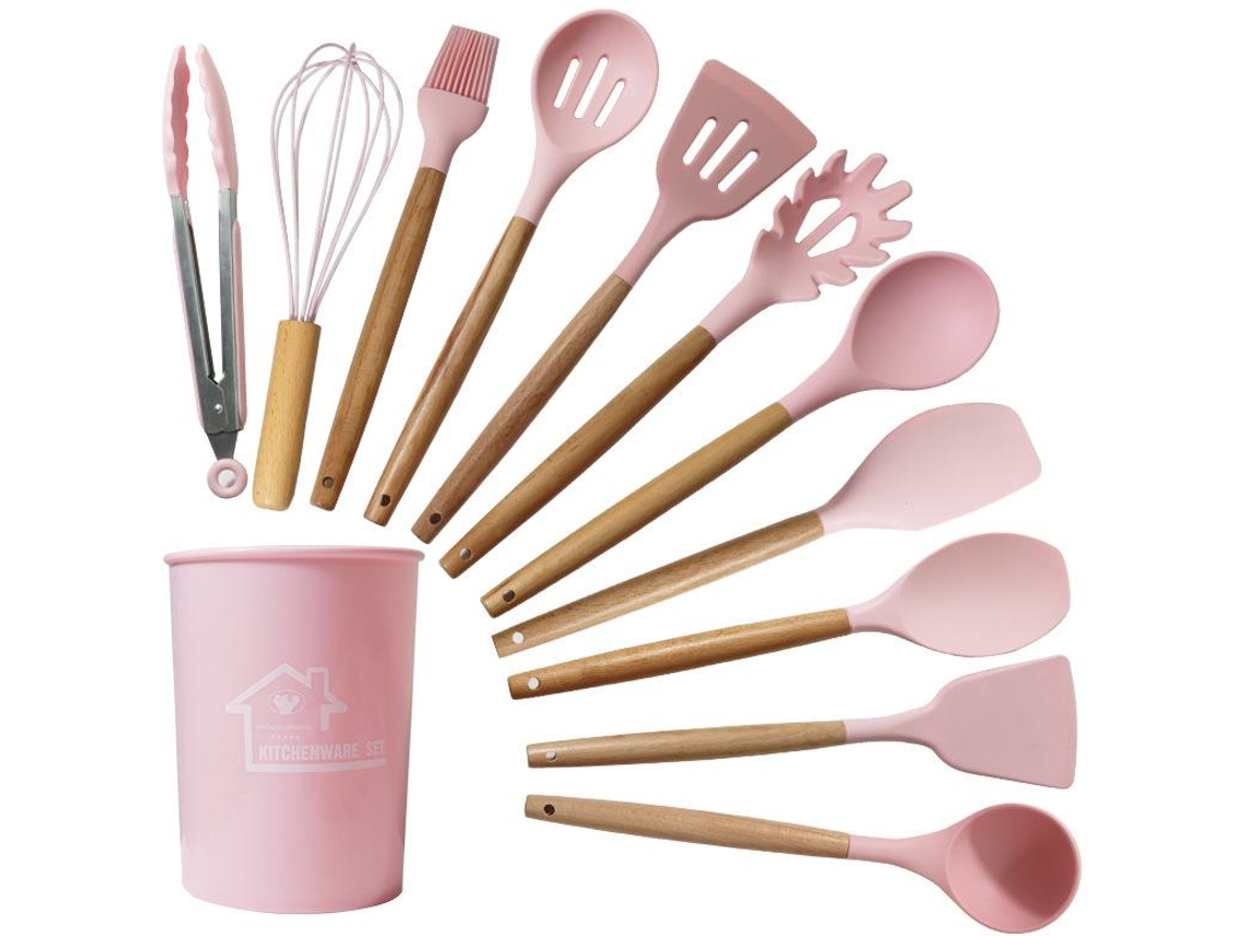 Set De Utensilios De Cocina De Silicona Antiadherente 12 Piezas Rosa Gertiz