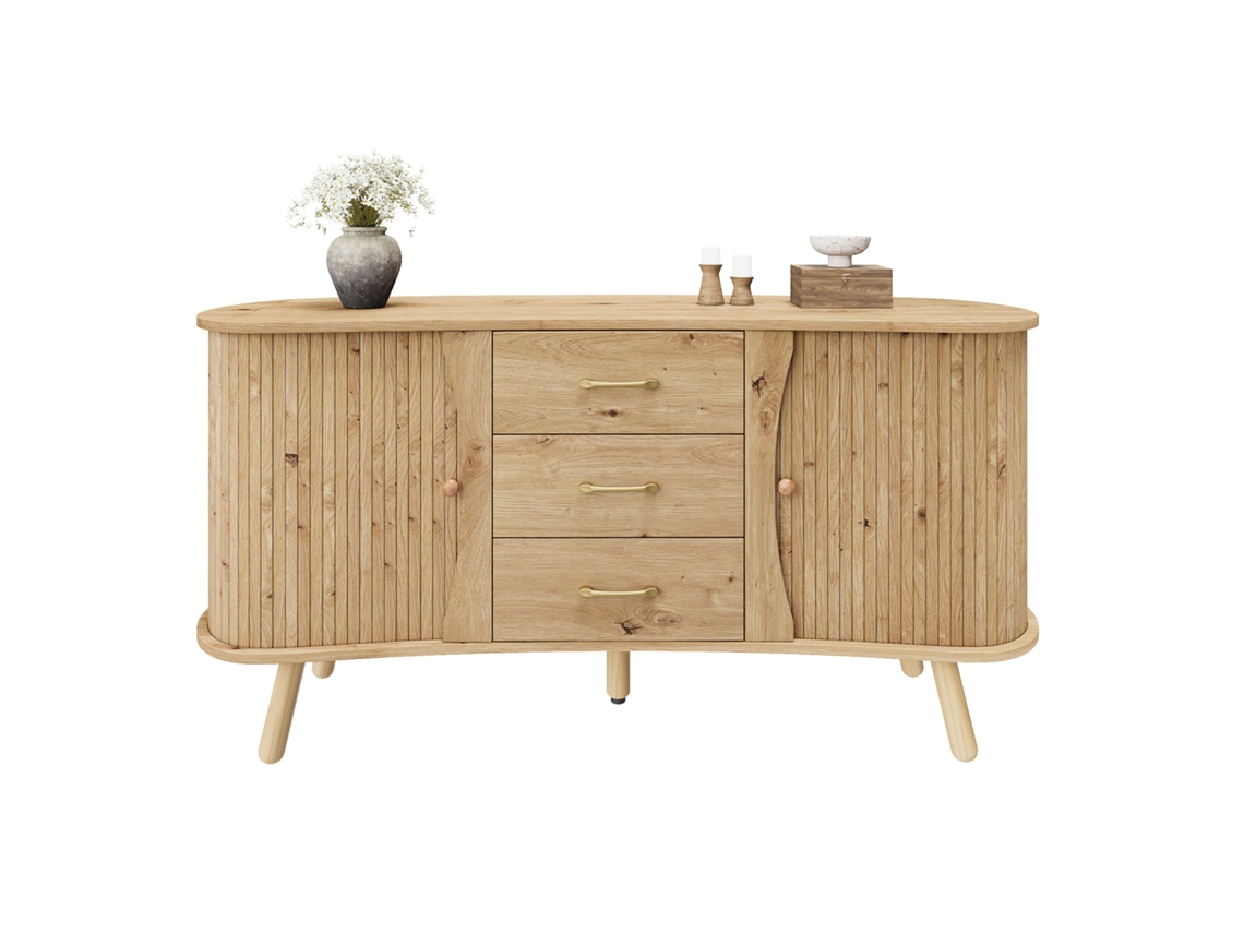 Aparador Ondulado, 2 Puertas Correderas, 3 Cajones, Estantes Regulables, Patas Madera, Mdf, Natural