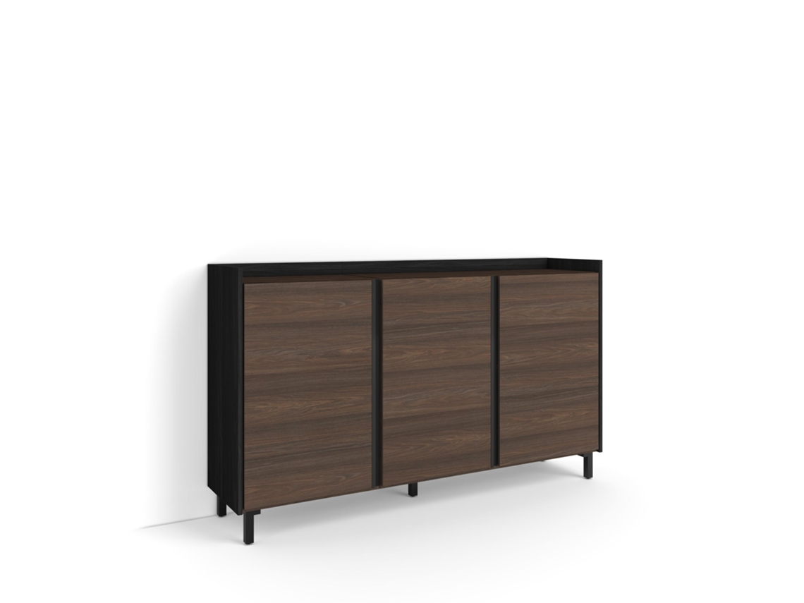 Aparador de comedor, 156x35x91cm, 3 puertas, diseño industrial, roble oscuro y negro.