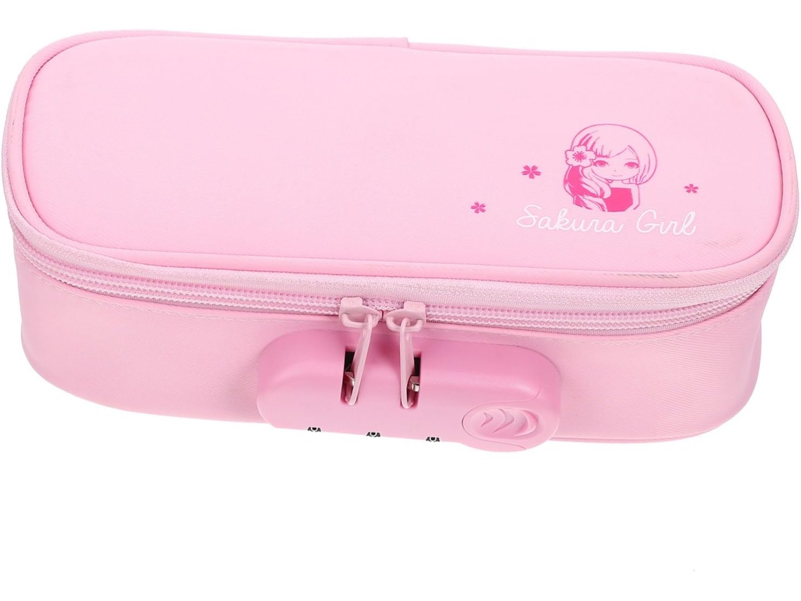Estuche grande de tela Oxford, rosa, con candado de combinación. Portátil.