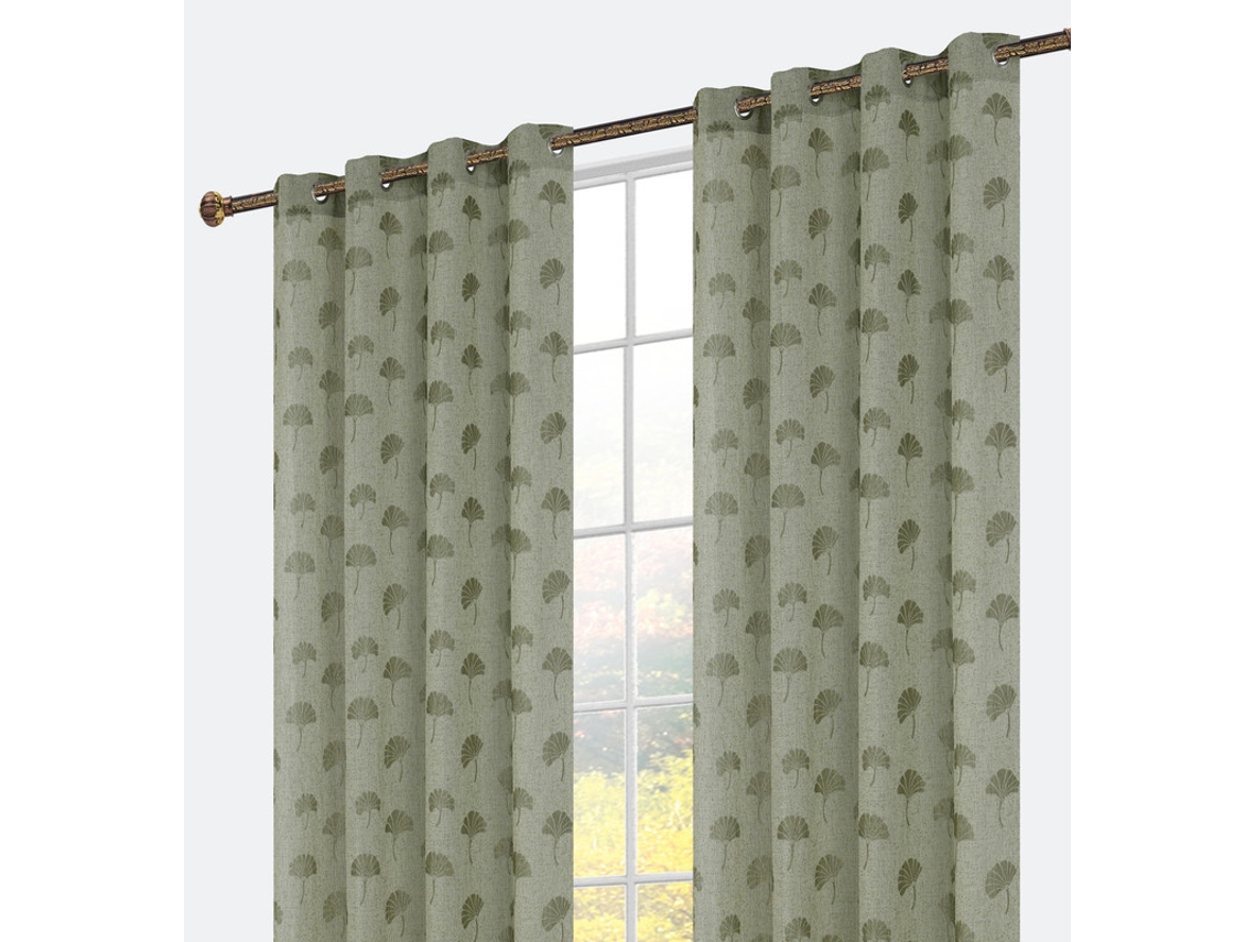 Cortina bordada con delicado bordado de hojas de ginkgo 140 x 260 cm Verde - Individual