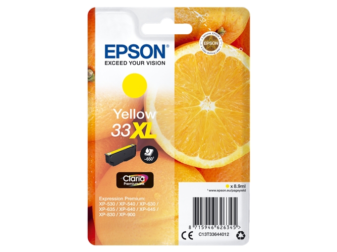 Cartucho de tinta original EPSON, 33, Naranjas 8,9 ml , Amarillo, Alta, XL, C13T33644012, T3364