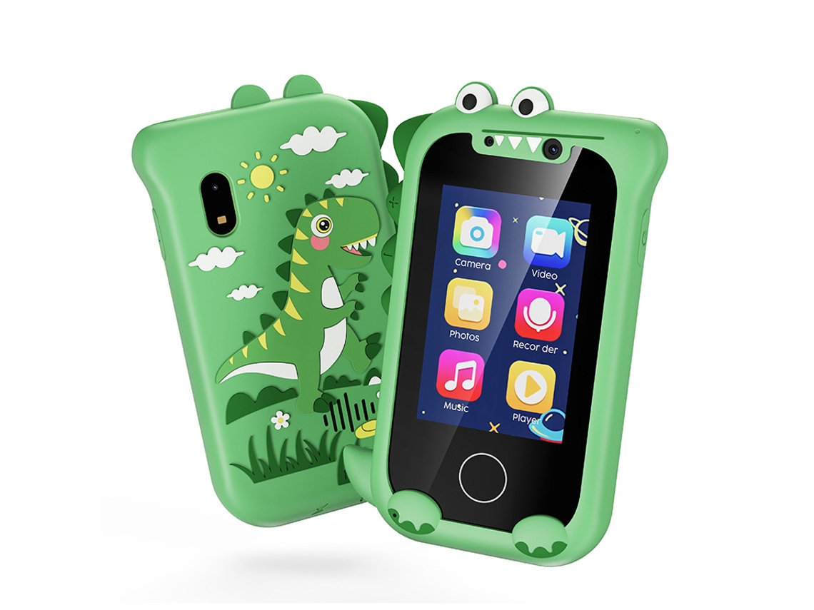 (verde) Juguete infantil en forma de celular con dos cámaras, reproductor de música, juegos y pantalla táctil.