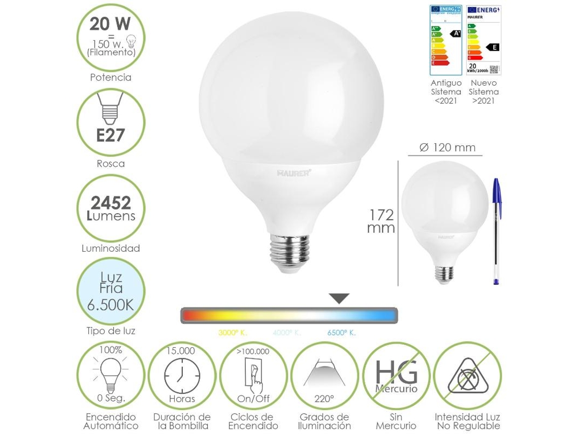 Bombilla led globo e27. 20 watt. equivale a 150 watt. 2452 lumenes. luz fria 6500  k.