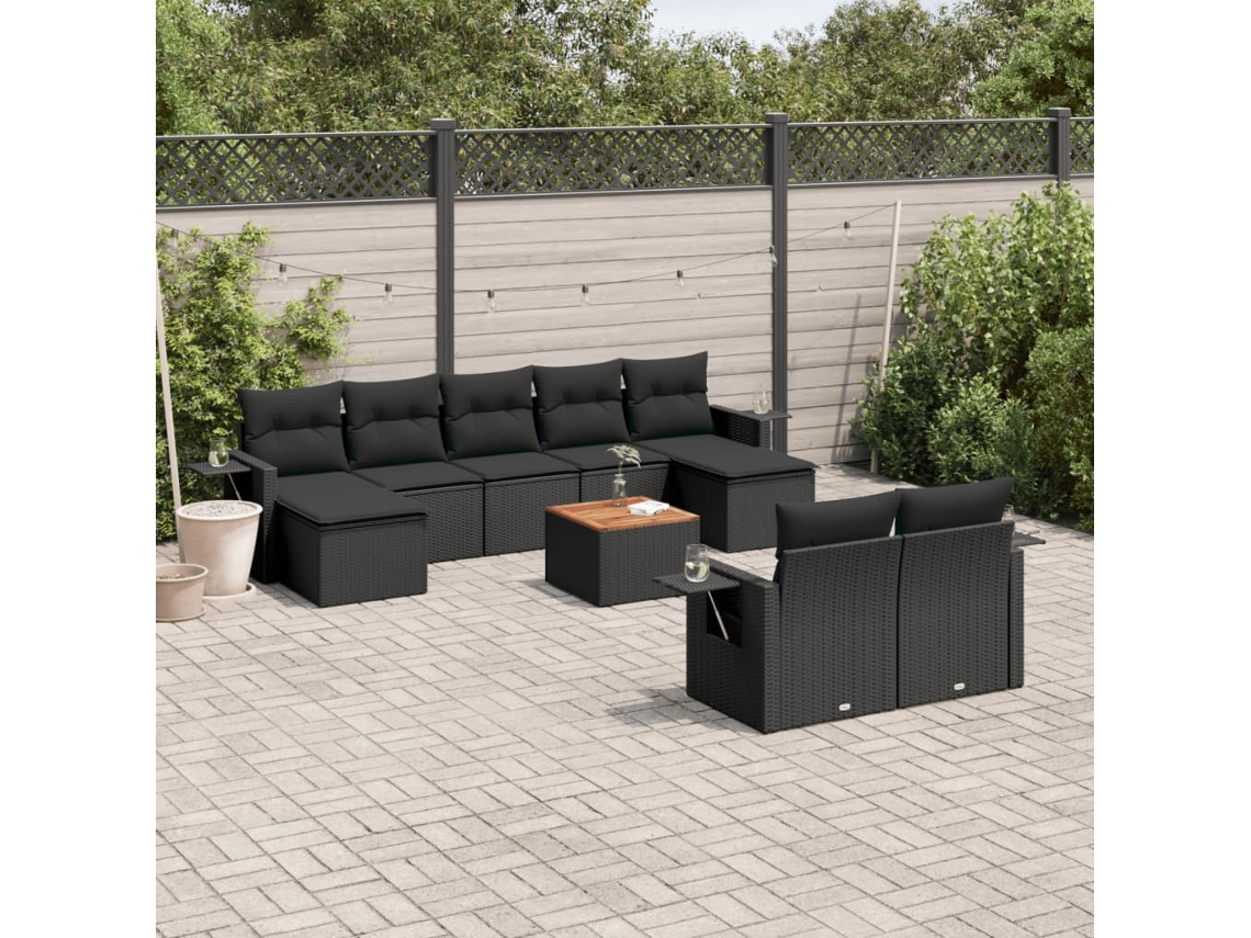 Conjunto de sofá de jardín de 10 piezas con cojines en mimbre sintético negro de DKD Home Decor