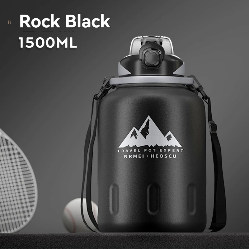 Termo De Acero Inoxidable (negro, 1500 Ml), Apto Para Deportes Al Aire Libre, Con Cuerda Y Pajita.