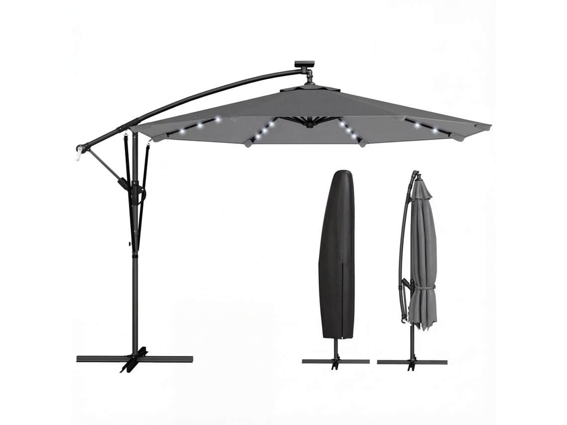 Sombrilla lateral solar LED de 330x295 cm con base en cruz y cubierta de manivela, color gris oscuro.
