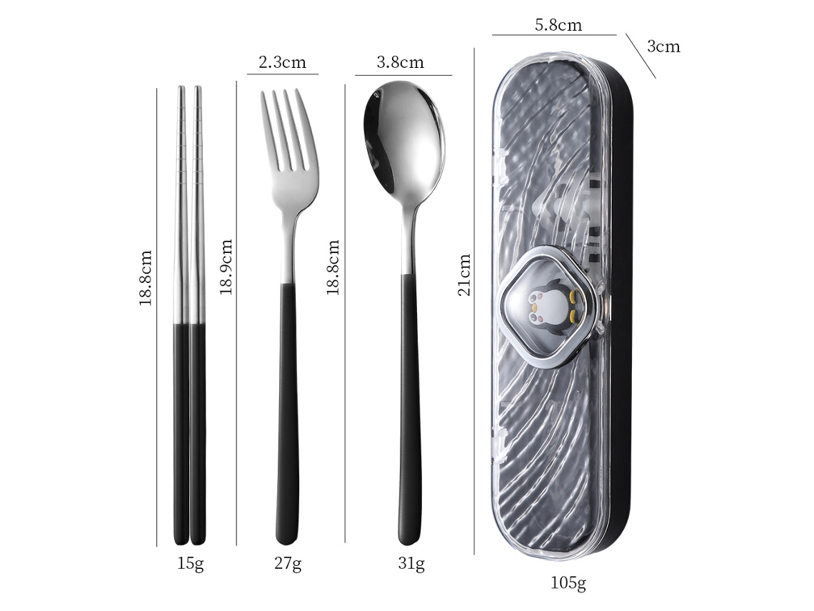 Juego de cubiertos de acero inoxidable MDUG 304 con palillos, cuchara y tenedor (negro y plateado)