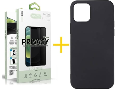 Kit Carcasa y Protector Cristal 1X Privacy Iphone 12 Pro Max Accetel Silicona Líquido Negro