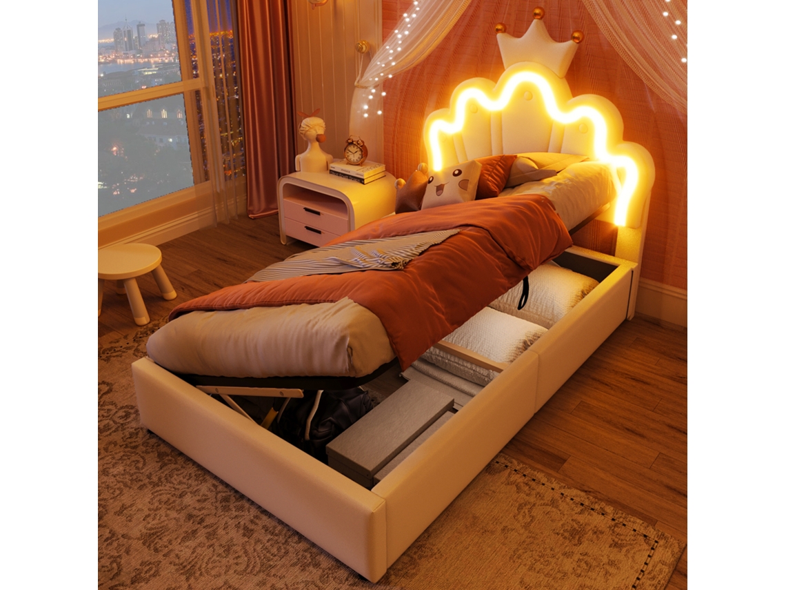 Cama De Princesa De 90x200 Con Led Y Cofre De Almacenamiento Hidráulico.