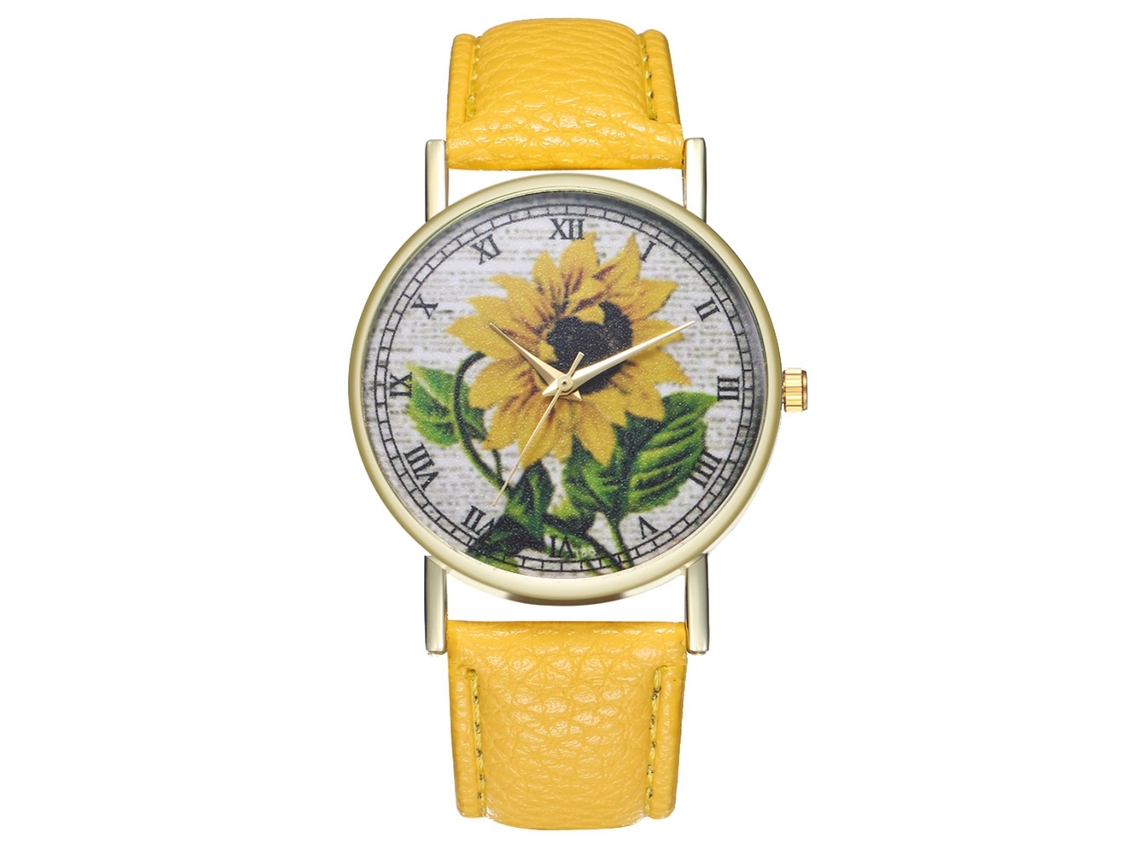 Reloj De Pulsera Unisex De Piel Sintética Con Estampado De Girasoles Y Números Romanos Amarillos.