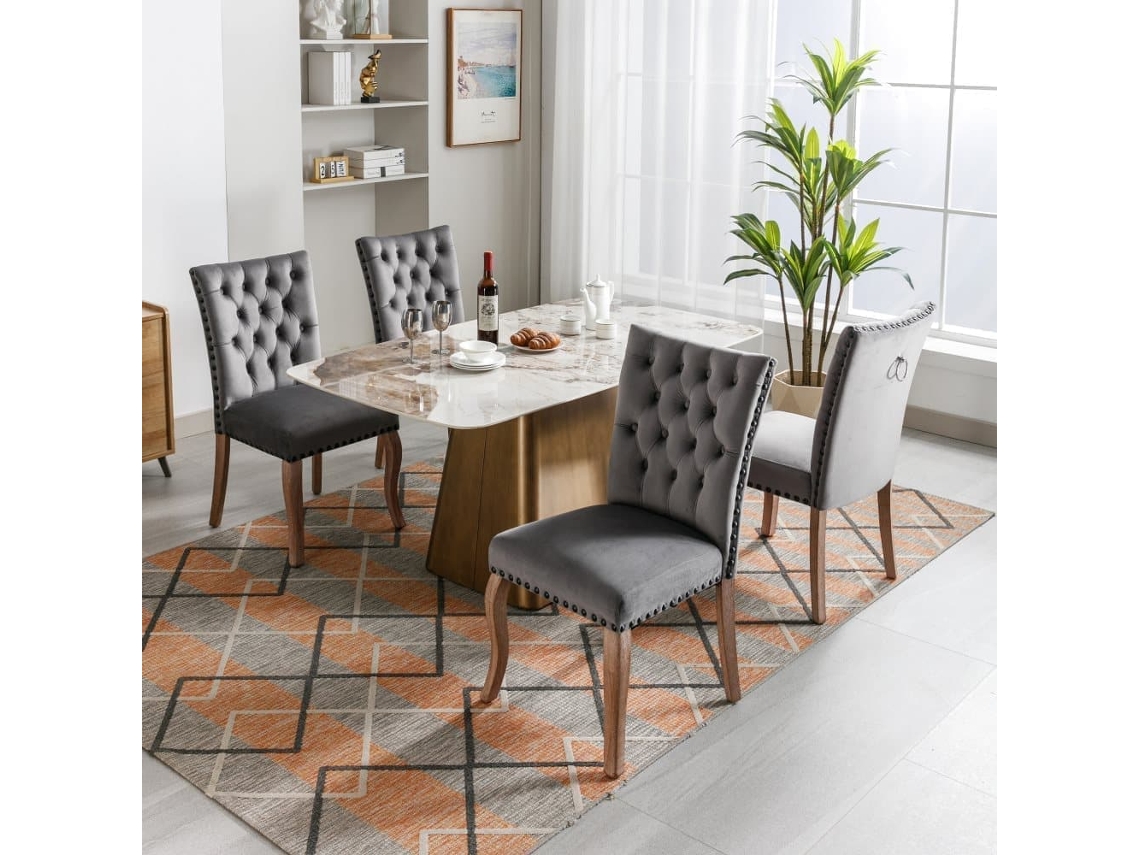 Juego De 4 Sillas Acolchadas De Terciopelo - Estructura De Madera Maciza - Gris