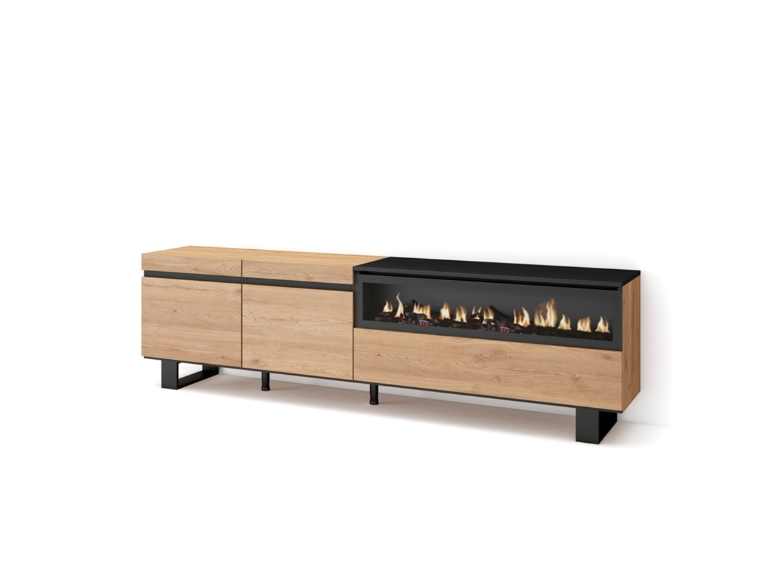 Mueble TV Televisión 200x57x35cm Para TV hasta 80 Chimenea eléctrica Diseño industrial Roble y negro