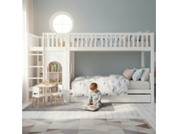 Litera Infantil De 90x200 Cm Con Escalera Recta, Barandilla Completa, Espacio Personalizable, Madera Mixta Blanca.