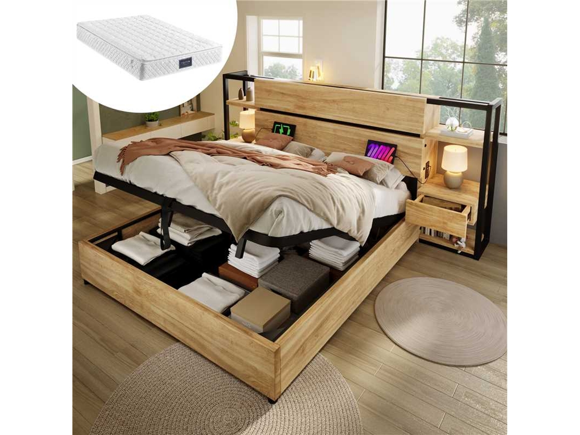 Cama De Madera 160x200 Cm - Cama Hidráulica Con Almacenamiento, Cabecero Con Cajones, Roble (con Colchón)