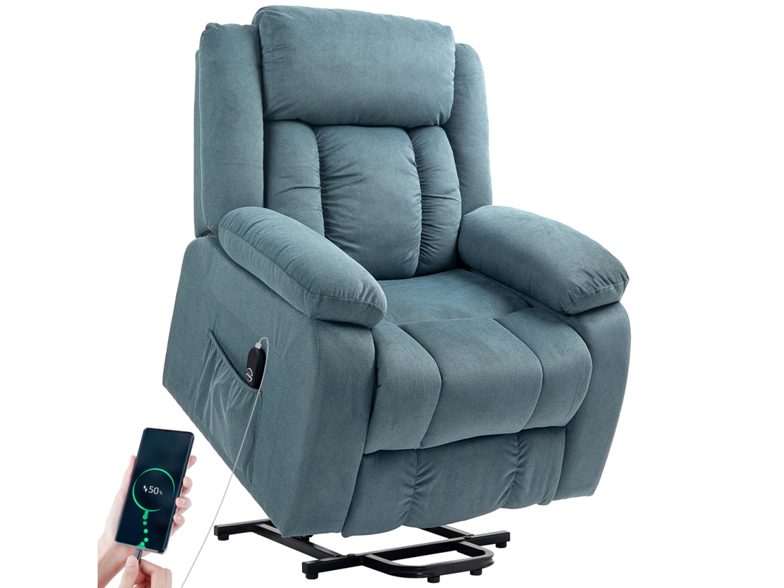 Silla de pie con funda suave, sillón reclinable con mando a distancia y bolsillos laterales, azul.