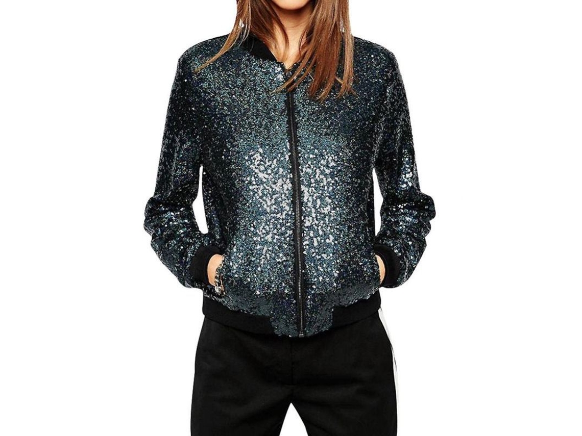 2026-chaqueta Casual Sin Cuello Slim Con Lentejuelas Para Mujer Con Cremallera fq S Azul