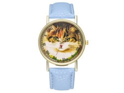 Reloj De Cuero Pu Unisex Con Diseño De Gato Dial Redondo Reloj De Cuarzo Azul Claro